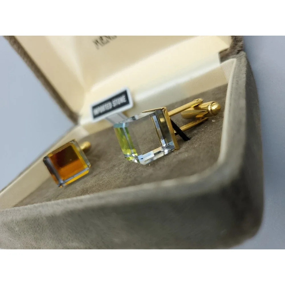 Vtg Cubic Prism Crystal Quartz Goldtone Cufflinks Levy's‎ Mens Wear Original Box